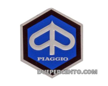 Stemma esagonale "PIAGGIO" 25x30 mm, alluminio, blu, autoadesivo, per nasello Vespa 50 N/ L/ R/ Special/ ET3/ PV, per manubrio Vespa 125 GTR/ TS/ Sprint V/ Rally