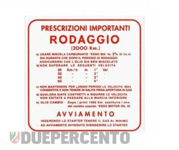 Adesivo "RODAGGIO" per Vespa 125 VNB/ GT/ 150 VBB/ GL/ TS