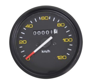 Contachilometri Ø 85mm RMS CLASSIC scala 120km/h fondo nero, cornice nera per Vespa P125-150X/ PX125-200E/ Lusso 1°/ P150S/ P200E