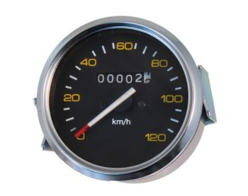 Contachilometri Ø 85mm RMS CLASSIC scala 120km/h fondo nero, cornice cromata per Vespa P125-150X/ PX125-200E/ Lusso 1°/ P150S/ P200E