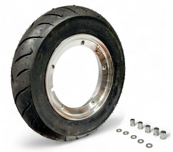 Ruota completa DUNLOP SCOOTSMART 3.00-10, con cerchio tubeless 2.0 SIP PERFORMANCE 2.10-10 alluminio lucido per Vespa Smallframe