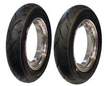 Coppia di ruote complete UNILLI PRO MAX, 90/90-10 con cerchio tubeless VMC 2.10-10 argento lucido per Vespa Smallframe