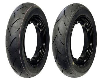 Coppia di ruote complete UNILLI PRO MAX, 90/90-10 con cerchio tubeless VMC 2.10-10 nero opaco per Vespa Smallframe